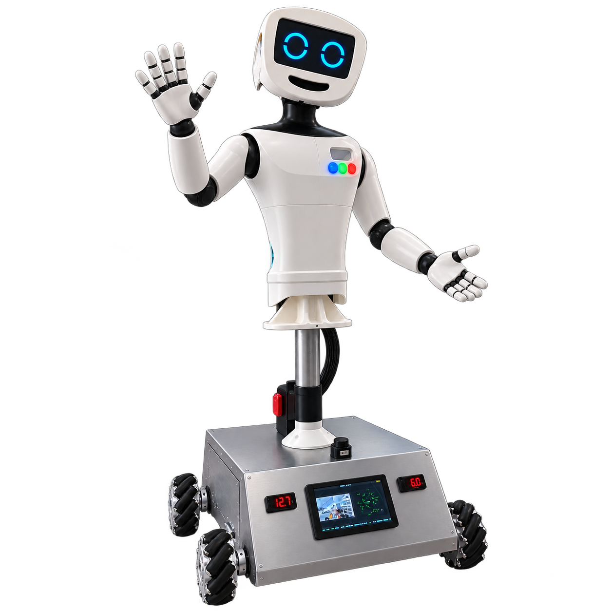 Rendered illustration of the ArmBot robot — head and arms on the omni-wheel base, 7-inch dashboard panel visible on the chassis